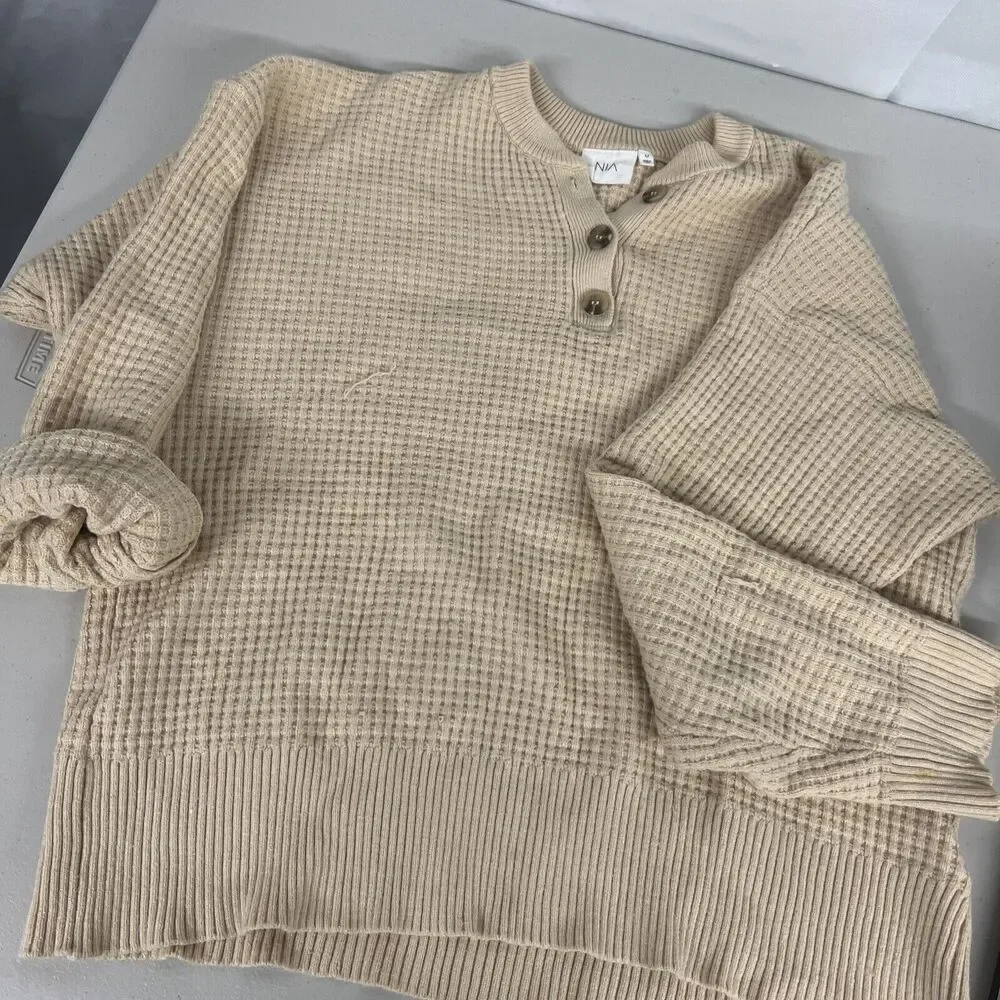 NIA WAFFLE KNIT STRETCH HENLEY NATURAL BEIGE TAN LONG SLEEVE PULLOVER MEDIUM M - Picture 3 of 6